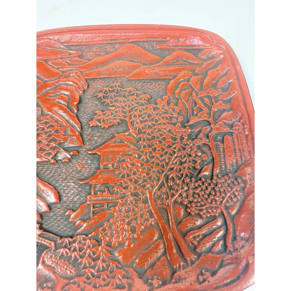 Appitizer Plates Set 3 Vintage Japanese Cinnabar Lacquer Ware Oriental Pagoda - Picture 3 of 12